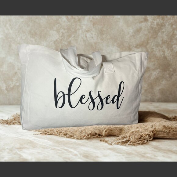 Handbags - White Canvas Tote Bag with 'Blessed' Print